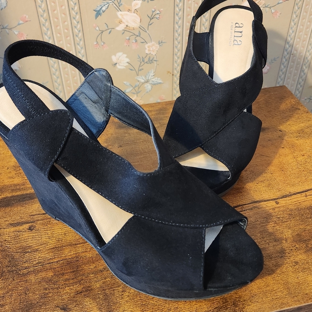 a.n.a Black Suede Wedge Sandals - Picture 1 of 4